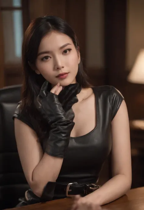 Wearing black leather gloves up to the fingertips in both hands and covering the upper body black leather double riders jacket slender necklace, a young and cute Japanese girl with beautiful black hair, sitting on a black leather chair at the desk in the p...