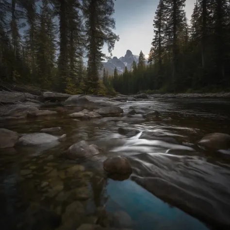 Magnificent view，Forest mountain landscape photography，Nature，It just rained，Bushes in the moonlight，Turquoise blue water，Megaliths of various shapes，Alpine cliffs，1 white Phalaenopsis orchid，Minimalist cyan black and white gray tones，foggy sky，Nightmare v...