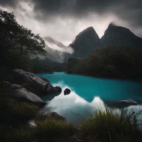 Magnificent view，Forest mountain landscape photography，Nature，It just rained，Bushes in the moonlight，Turquoise blue water，Megaliths of various shapes，Alpine cliffs，1 white Phalaenopsis orchid，Minimalist cyan black and white gray tones，foggy sky，Nightmare v...