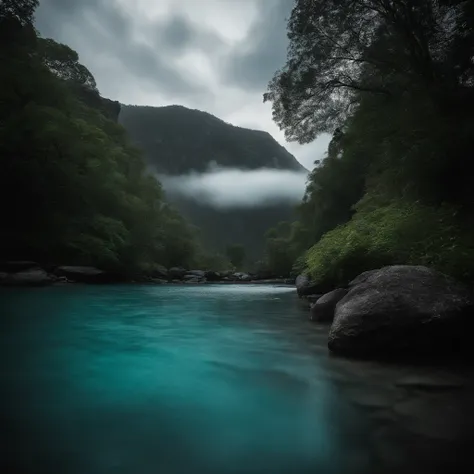 Magnificent view，Forest mountain landscape photography，Nature，It just rained，Bushes in the moonlight，Turquoise blue water，Megaliths of various shapes，Alpine cliffs，1 white Phalaenopsis orchid，Minimalist cyan black and white gray tones，foggy sky，Nightmare v...