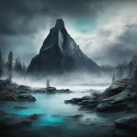 Magnificent view，Forest mountain landscape photography，Nature，It just rained，Bushes in the moonlight，Turquoise blue water，Megaliths of various shapes，Alpine cliffs，1 white Phalaenopsis orchid，Minimalist cyan black and white gray tones，foggy sky，Nightmare v...