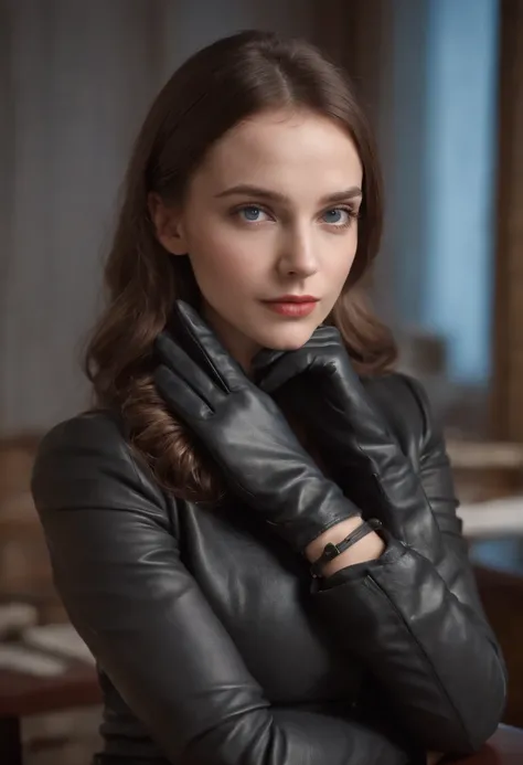 Wear black leather gloves up to the fingertips in both hands and cover the torso, schwarze Leder-Doppelreiterjacke, schlanke Halskette, a young and cute Polish girl with beautiful brown hair, At night, you sit on a black leather chair at the desk in the pr...