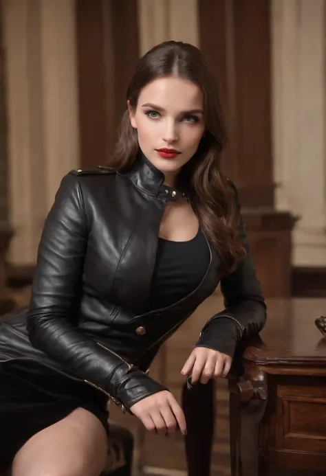 Wear black leather gloves up to the fingertips in both hands and cover the torso, schwarze Leder-Doppelreiterjacke, schlanke Halskette, a young and cute Polish girl with beautiful brown hair, At night, you sit on a black leather chair at the desk in the pr...