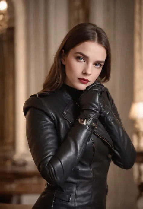 Wear black leather gloves up to the fingertips in both hands and cover the torso, schwarze Leder-Doppelreiterjacke, schlanke Halskette, a young and cute Polish girl with beautiful brown hair, At night, you sit on a black leather chair at the desk in the pr...