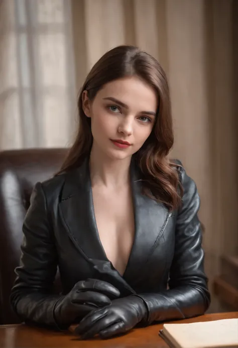 Wear black leather gloves up to the fingertips in both hands and cover the torso, schwarze Leder-Doppelreiterjacke, schlanke Halskette, a young and cute Polish girl with beautiful brown hair, At night, you sit on a black leather chair at the desk in the pr...