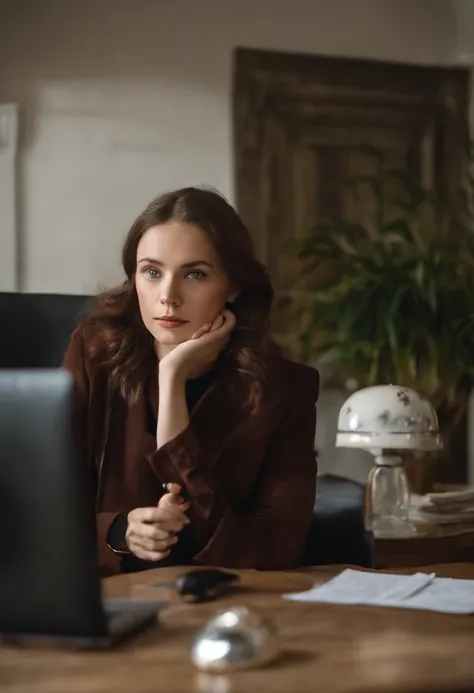 a young and cute Polish girl with beautiful brown hair, Bei Nacht, They sit on a black leather armchair at the desk in the presidents room, heimlicher Blick auf den Computerbildschirm, blaue Augen