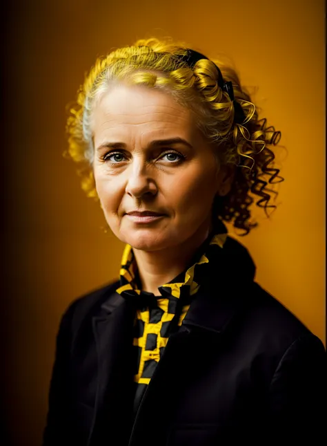 full portrait of marie curie wearing yellow lab coat, with curly hair tied up high, highly detailed, ultra detail, studio shoot, cinematic angle, 85mm prime lens, day lighting, macro lens, iso 100, f/4, canon eos, canon 5d, --quality 100, --s 5000, --styli...