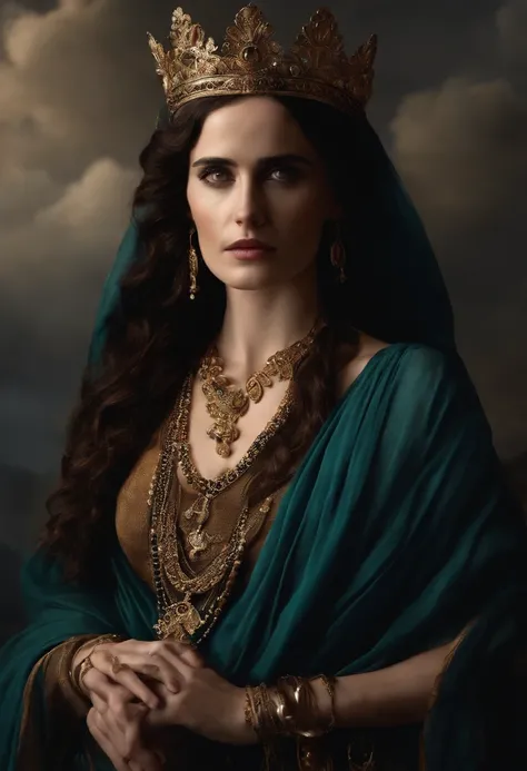 saint george realist human ultra realist, inspired by eva green, greek , ancient woman , ancient necklace, tiara on head, ancient jewlery, dark light