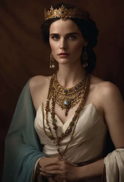 saint george realist human ultra realist, inspired by eva green, greek , ancient woman , ancient necklace, tiara on head, ancient jewlery, dark light