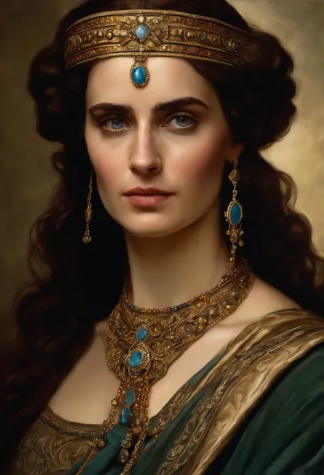 saint george realist human ultra realist, inspired by eva green, greek , ancient woman , ancient necklace, tiara on head, ancient jewlery, dark light, oil painting, old ancient painting