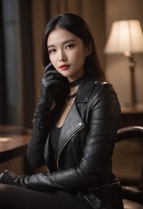 Upper body covered with black leather gloves up to the fingertips in both hands, black leather double riders jacket, slender necklace, young and cute Japanese girl with beautiful black hair, sitting on a black leather chair facing the desk in the president...