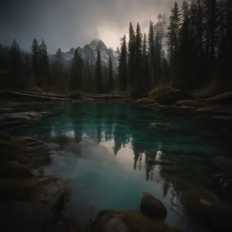 Magnificent view，Forest mountain landscape photography，Nature，It just rained，Bushes in the moonlight，Turquoise blue water，Boulders of various shapes，Alpine cliffs，1 white Phalaenopsis orchid，Minimalist cyan black and white gray tones，foggy sky，Nightmare vi...