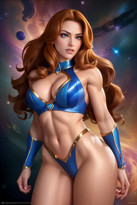 ( Masterpiece, 4k resolution, ultra-realistic, very detailed) Sexy star sapphire cosmic super heroine photography by artgerm, in the style of realism, glistening skin, cartooncore, mangacore, natural lighting, Defined full lips. Muscular fitness feminine b...