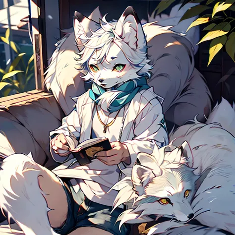 High detail,hyper qualit,high resolution,1080p,独奏,Furry,(Male arctic fox:1.5),(White fur:1.3),White skin,Pure white ears,l Blue eyes,(Fluffy tail:1.2),Shirtless，Wearing a blue scarf，Wear black loose shorts，Barefoot，Sit on the edge of the bed and read a boo...