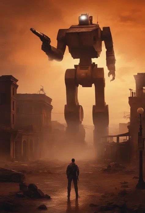 A run-down city with ruins and a battlefield sets the stage for this prompt. Gunsmoke fills the air as a broken giant robot stands in the center, adding a touch of mystery and intrigue. The sky is painted in shades of orange, giving off an eerie yet captiv...