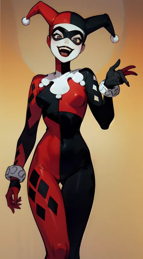 masterpiece, best quality, 1girl, hq1992, solo, bodysuit, domino mask, gloves, hat, jester cap, mask, open mouth, parody, red bodysuit, red gloves, smile, solo, black body suit, red and black bodysuit