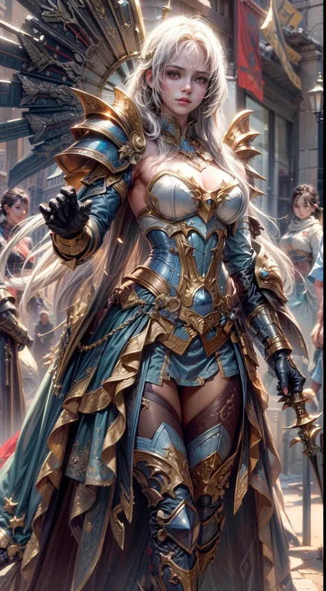 (masterpiece, best quality:1.4), (extremely detailed, 8k, UHD) Beautiful woman in insanely intricate Solar Paladin Outfit