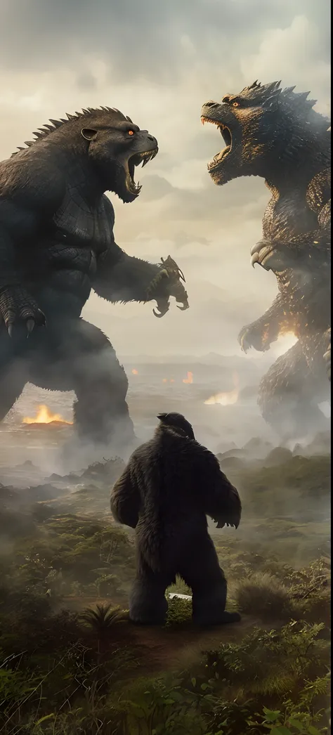 Godzilla and King Kong are there《Godzilla vs. Kong》in a scene in battle, big titan creature in the center, Kong: skull island (2017), vajra, monsters in the background, kaiju battle, 《King Kong was furious in the street》, Compared to King Kong Skull Island...