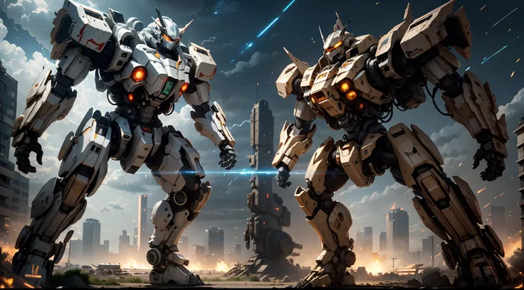 "(best quality,realistic:1.2),white,cool mecha fighting monster,sci-fi,heroic stance,massive firepower,detailed battle scene,destructive lasers,molten metal,city in ruins,explosions,nighttime battle,glowing eyes,mecha armor,high-tech design,energetic movem...