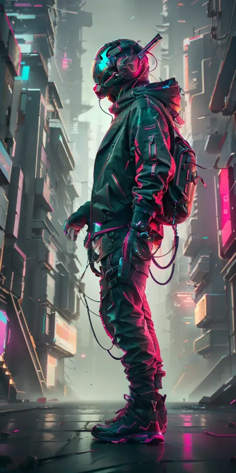 (obra-prima, intrinsic raw photography)Cyberpunk citizen in Oversize techwear, usando um capacete preto estilo astro daftpunk, detalhes de luz neon, intrincado, futurista, nitidez, pose ramdom, cyberpunk city, luzes de neon de rua, foto insta, foto do ano,...