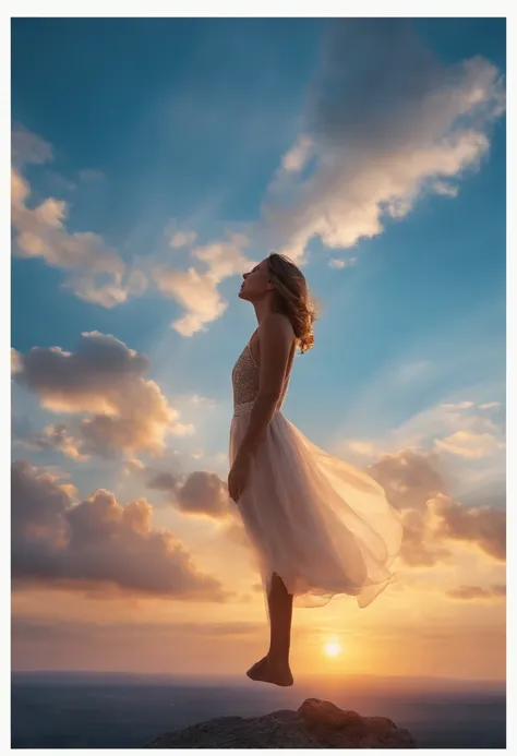 masterpiece, best quality, movie still, 1girl, cloud girl, floating in the sky, close-up, bright, happy, warm soft lighting, sunset, (sparks:0.7)