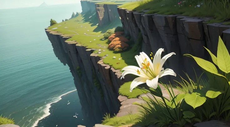 A lily blooms on the edge of the cliff，The surroundings are overgrown with weeds