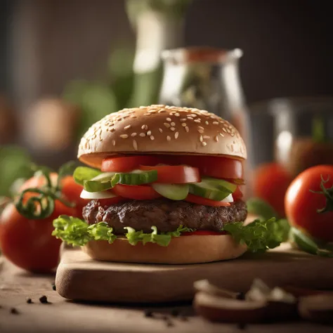 Three-tier hamburger，Fresh vegetables，Tomates，Black pepper flavored steak，Tasty and juicy，High detail, Ultra detail, complexdetails, finedetail, Ultra detail, Super detail, Cinematic, Surrealistic soft light, Studio lighting, diffused soft lighting, Shallo...