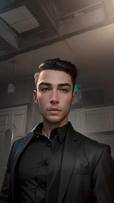 Boy realistic face , short haircut and fit black suit for background realistic