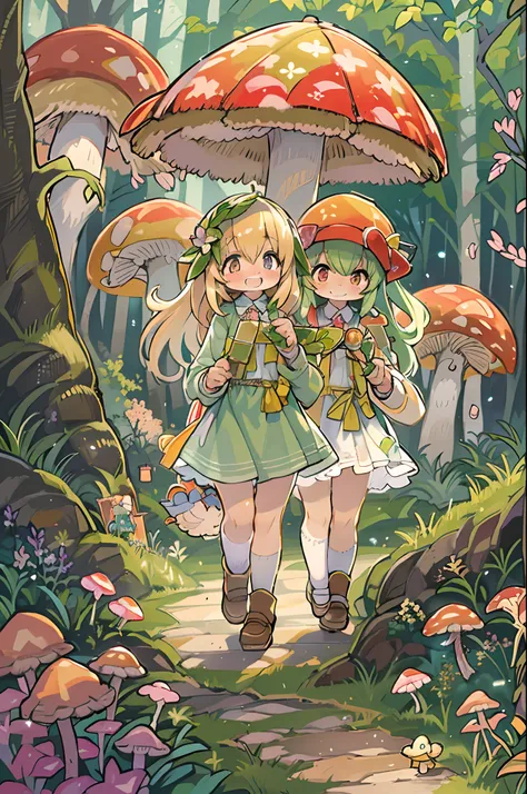 eyesight, (Three Lolitas: 2) Stable diffusion is the best image quality, morning sunlight, Spring landscape, Dew and flowers, flying hair, Live in a fairytale dreamland with mushrooms, Trip, Running, and laughing. forest pathway