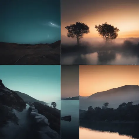 Magnificent view，Forest mountain landscape photography，Nature，It just rained，Bushes in the moonlight，Turquoise blue water，Boulders of various shapes，Alpine cliffs，1 white Phalaenopsis orchid，Minimalist cyan black and white gray tones，foggy sky，Nightmare vi...