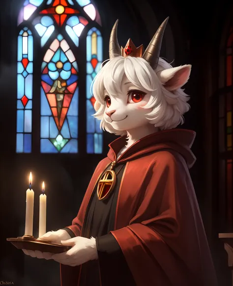 uploaded on e621, ((by Yurusa, by Childe Hassam, by Kenket, by Kyoto Animation)),
solo (chibi:1.15) ((sheep (lamb (cult of the lamb)), black body and white fur, white hair, horn, clear red sclera)),
(wear red crown, red cloak, grey black gown:1.25), (flat ...