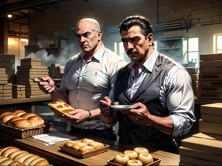 (8K, Award-winning, Highest Quality, High resolution, Ultra-detailed, Anatomically correct, Intricate details), 电影灯光,A bakery warehouse, lots of white powder, drug lord Pablo Escobar with a serious face, measuring spoons, drug cartel hideout, white powder ...