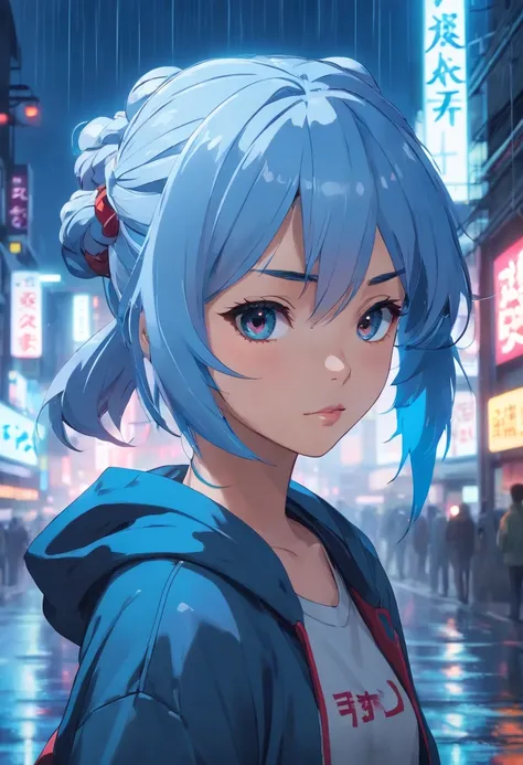 Close-up photos, Confident young cyberpunk woman with blue and white hair in a bun, Wearing a hoodie with red and blue design, On a rainy street at night, Photorealistic, Cinematic lighting