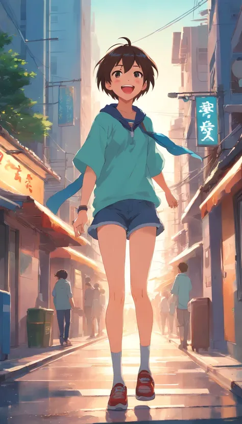 there is a cartoon picture of a boy laughing in the street, expressing joy. by krenz cushart, ross tran style, artwork in the style of guweiz, ross tran!!!, adorable digital painting, guweiz, inspired by Ross Tran, by Yanjun Cheng, [[[[grinning evily]]]]