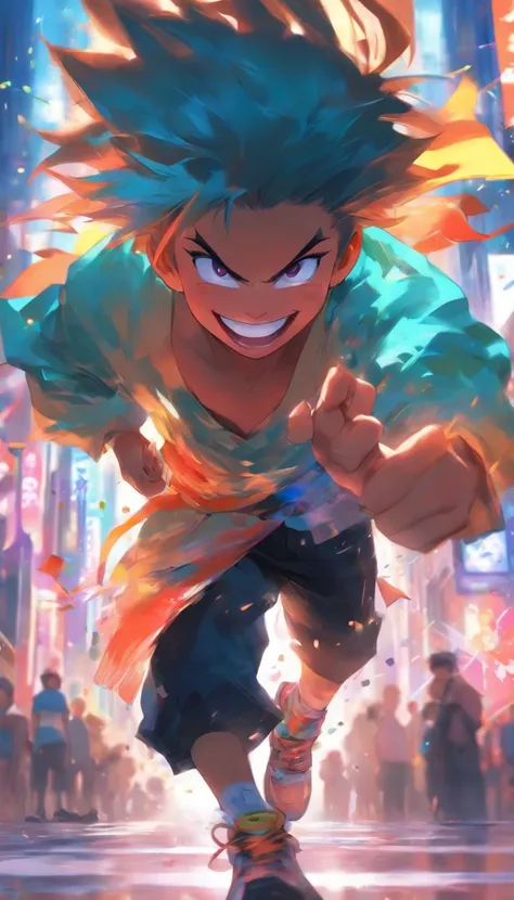 there is a cartoon picture of a boy laughing in the street, expressing joy. by krenz cushart, ross tran style, artwork in the style of guweiz, ross tran!!!, adorable digital painting, guweiz, inspired by Ross Tran, by Yanjun Cheng, [[[[grinning evily]]]]