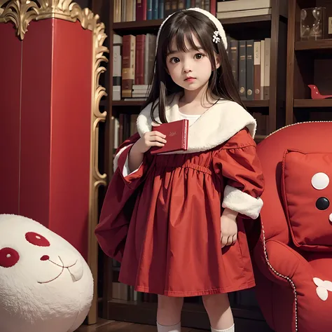 Little girl standing surrounded by huge soft toys with a large red book in her hands