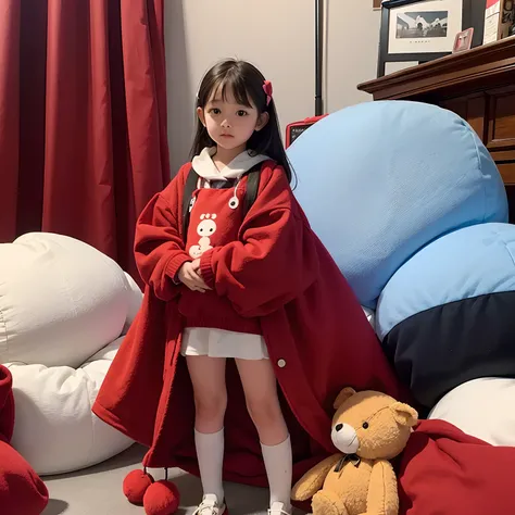 Little girl standing surrounded by huge soft toys with a large red book in her hands