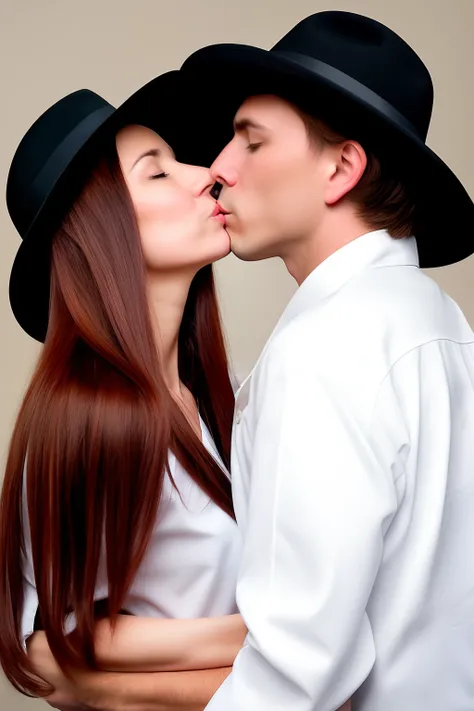 The female scientist with short reddish brown hair wearing a white blouse and the male assassin with long platinum hair wearing black clothes and a felt hat, both of them are kissing each other.