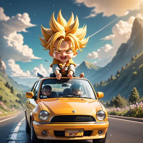 raindrops，Clouds，sunbeam，highway，Little boy driving a car，trunks，super saiyan，Laugh，Spiked hairstyle，Flowers，Mountain，rivers，bird，Entire body，Rich colors，Chibi T-Shi