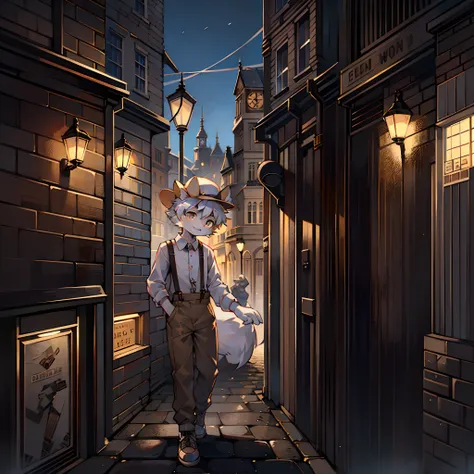 The streets of London，Cute little wolf，Libido boy，slender figures，Off-white hair，Brown newsboy hat，Suspenders，White overalls，Bright and smart eyes（A masterpiece）（high qulity（Background of extreme detail）（Extremely detailed characters）