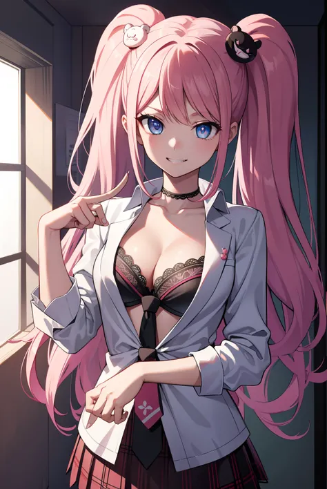 Pure River Island, Junko Enoshima, bear hair ornament, Blue eyes, Long hair, Pink hair, double tails, Evil smile, grin,
Broken bow, Bra, choker necklace, cleavage, finger nails, Lace trim, lace-trimmed bra, long fingernails, loose necktie, nail polish, tie...