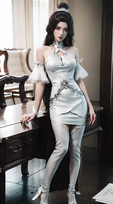 araffe woman in white dress leaning on a table in front of a building, smooth white tight clothes suit, in white clothes, white silky outfit, dressed in a beautiful white, full body xianxia, a beautiful woman in white, full length and white stockings, saki...