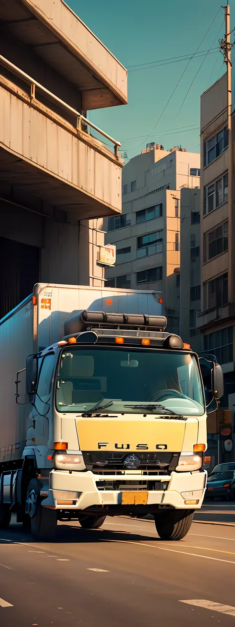 real photo of a yellow Fuso Truck, High definition picture quality, 8k photo, intricate details: 1.2, cinematic lighting, city vibes --q 1, DSLR --v 6