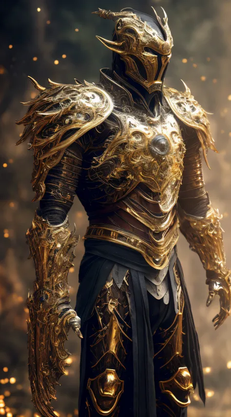 a close up of a man in armor with a golden sword, gold heavy armor. dramatic, stunning armor, golden armor, detailed fantasy armor, black and golden armor, beautiful armor, gold armor, fantasy armor, intricate golden armor, golden armour, fantasy warrior i...