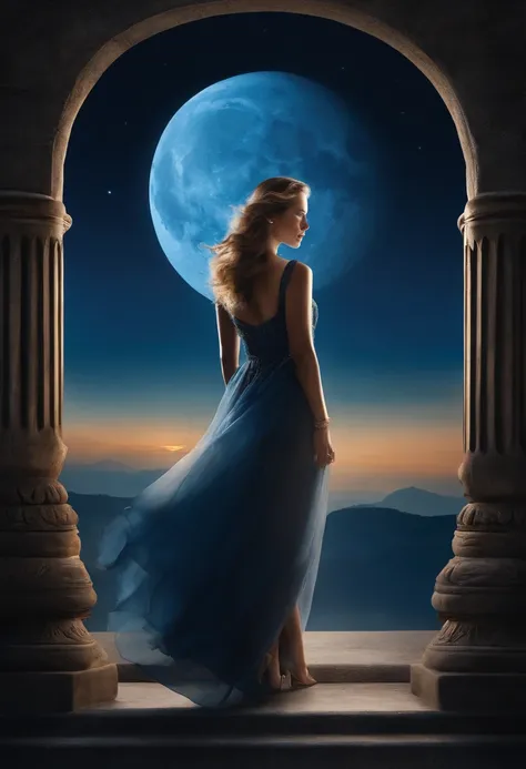 blue backdrop，A bright moon ，Other elements do not