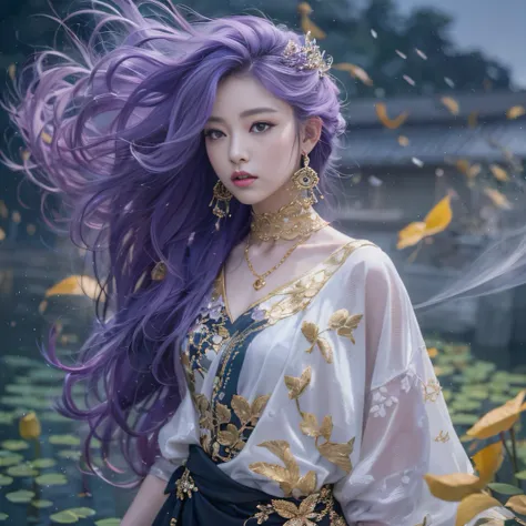 Genki Girl 32K（tmasterpiece，k hd，hyper HD，32K）Long flowing bright purple hair，Autumn Pond，zydink， a color， Asian people （Genki girl）， （Silk scarf）， Combat posture， looking at the ground， long whitr hair， Floating bright purple， Fire cloud pattern gold tiar...