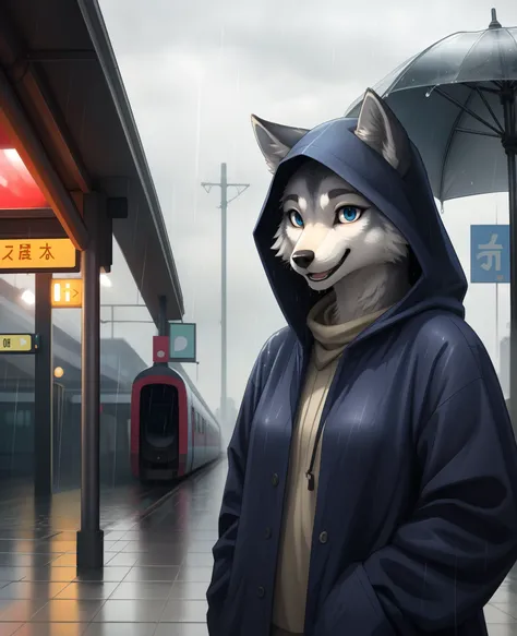 masterpiece, best quality, perfect anatomy, bright eyes, watery eyes, by milkytiger1145, by k0bit0wani, furry, wolf, (felis:0.25), female, solo, baggy clothing, (open smile:1.1), gentle, looking at viewer, train station, rain, (waterdrop:0.9), grey sky, ra...