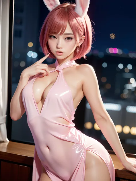 Top floor of the building、Spreading night view、Dinner at the restaurant、night cityscape、Dress with open chest、facing back、The buttocks are visible、Buttocks exposed、Pink Shortcut Bob、Realistic rabbit ears、rabbit ears pink hair sticking out of the head,,,,,,...