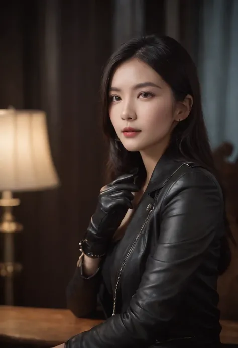 Upper body covered with black leather gloves up to the fingertips in both hands, black leather double riders jacket, slender necklace, young and cute Japanese girl with beautiful black hair, sitting on a black leather chair facing the desk in the president...