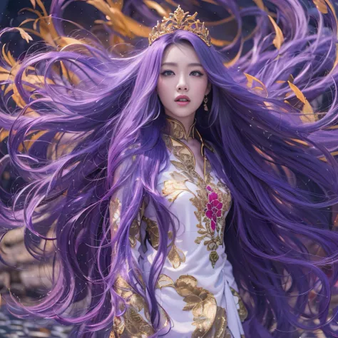 Genki Girl 32K（tmasterpiece，k hd，hyper HD，32K）Long flowing bright purple hair，Autumn Pond，zydink， a color， Asian people （Genki girl）， （Silk scarf）， Combat posture， looking at the ground， long whitr hair， Floating bright purple， Fire cloud pattern gold tiar...